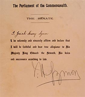 Affirmation signed by Senator Josiah Symon