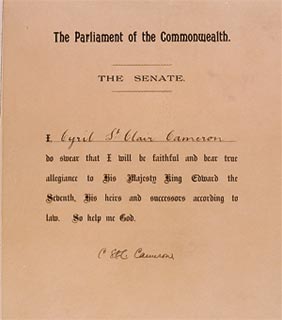 Oath signed by Senator Cyril St. Clair Cameron